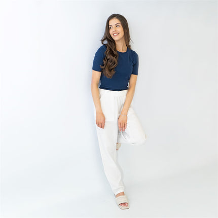 M&S Pure Cotton Tapered Ankle Grazer Elasticated Waist White Trousers-Quality Brands Outlet-