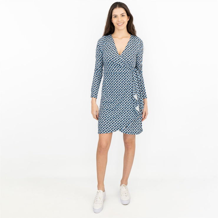 Karen Millen Blue Long Sleeve Jersey Geometric KM Logo Print Tie Wrap Dress