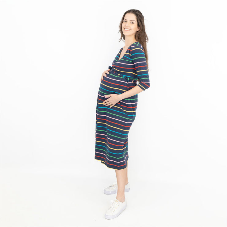 Frugi Rico Stripe Cross Wrap 3/4 Sleeve Maternity Nursing Midi Dress