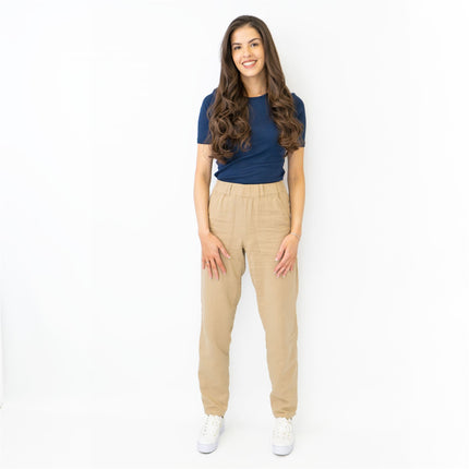 M&S Pure Cotton Tapered Ankle Grazer Elasticated Waist Beige Trousers