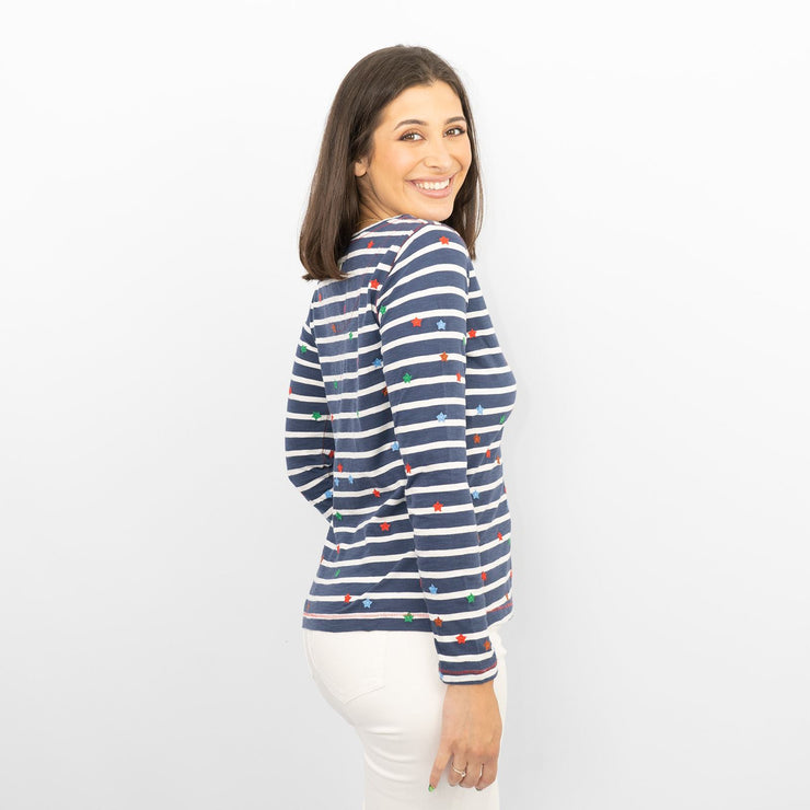White Stuff Long Sleeve Navy Striped Embroidered Casual Cotton Jersey Tops - Quality Brands Outlet