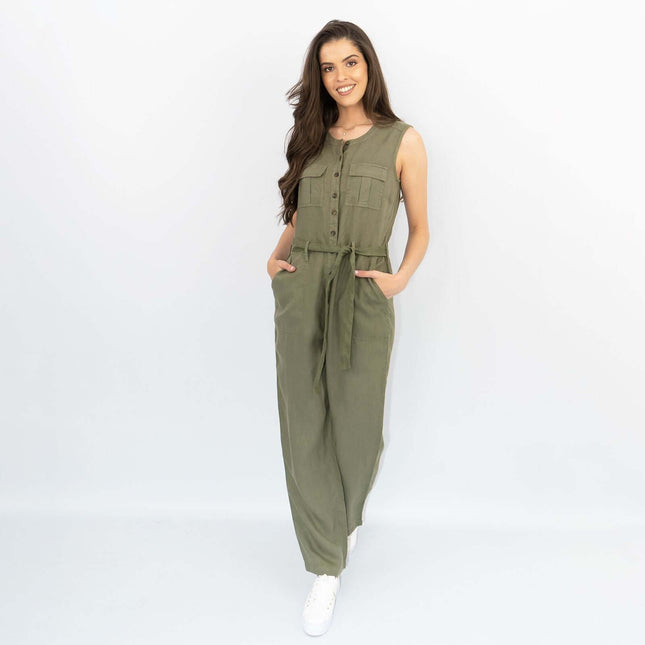 White Stuff Sleeveless Khaki Linen Wide Leg Summer Jumpsuit-Quality Brands Outlet-