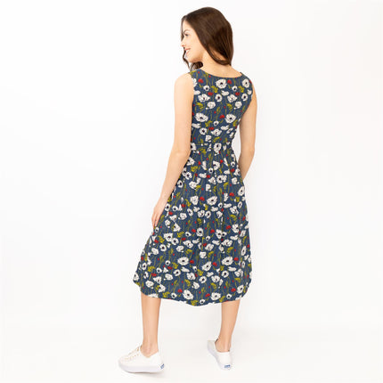 Seasalt Belle Linear Poppy Night Floral Print Sleeveless Midi Dresses-Quality Brands Outlet-