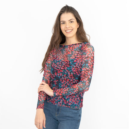 Coast Floral Long Sleeve Boat Neck Mesh Tops-Quality Brands Outlet-