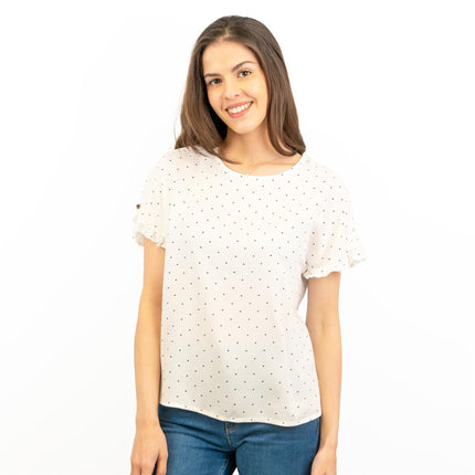 M&S Ivory Lightweight Blouse Frill Short Sleeve Round Neckline Spotty Polka Dot Tops