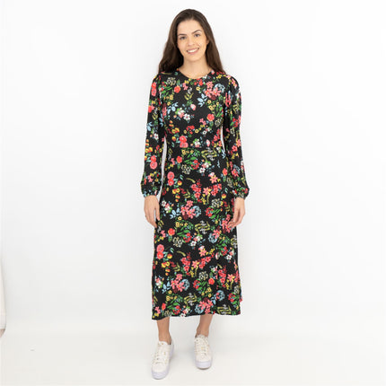 Oasis Slinky Black Jersey Floral Long Sleeve Split Midi Dress-Quality Brands Outlet-