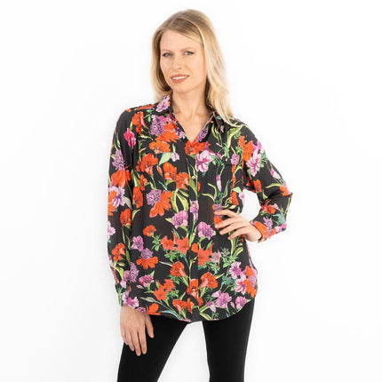 Karen Millen Black Floral Satin Long Sleeve Button-Up Shirts-Quality Brands Outlet-