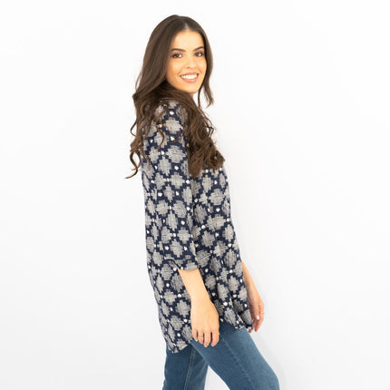 White Stuff Navy Geo Print 3/4 Sleeve Lightweight Relaxed Tunics-Quality Brands Outlet-