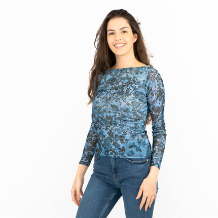 Coast Blue Floral Long Sleeve Boat Neck Mesh Tops-Quality Brands Outlet-