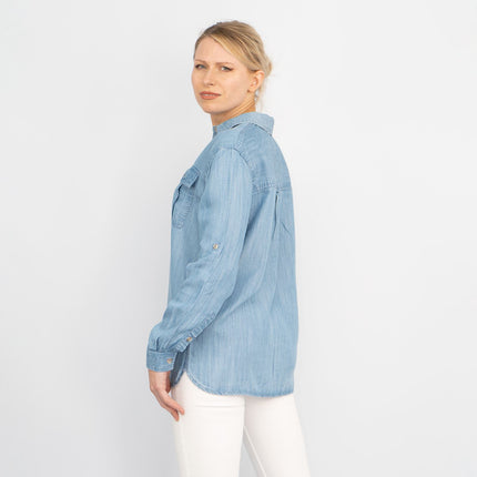 Blue Chambray Soft Linen Rich Long Sleeve Shirt Button-Up Tops-Quality Brands Outlet-