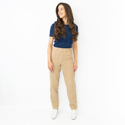 M&S Pure Cotton Tapered Ankle Grazer Elasticated Waist Beige Trousers
