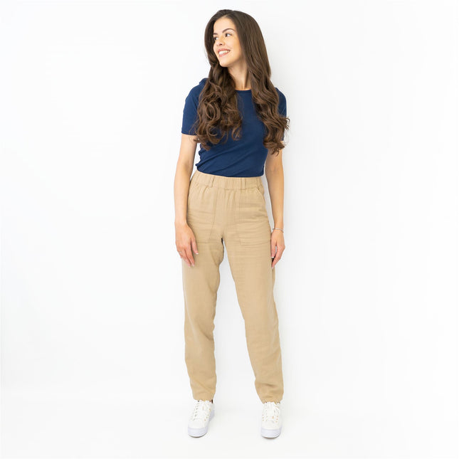 M&S Pure Cotton Tapered Ankle Grazer Elasticated Waist Beige Trousers-Quality Brands Outlet-