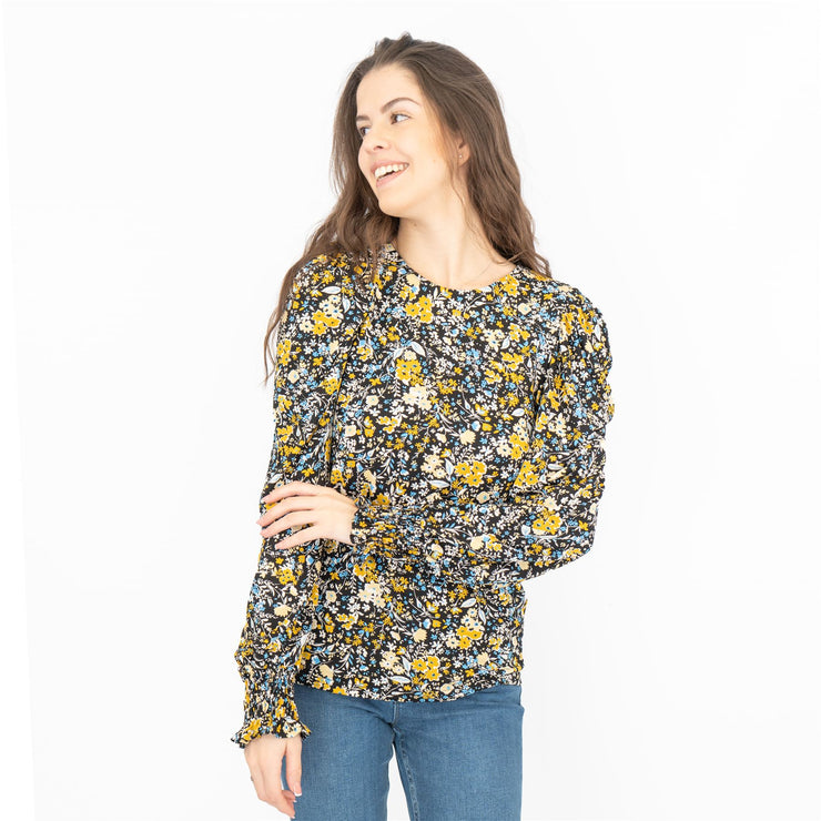 M&Co Black Floral Tops Long Sleeve Round Neck Elasticated Cuffs