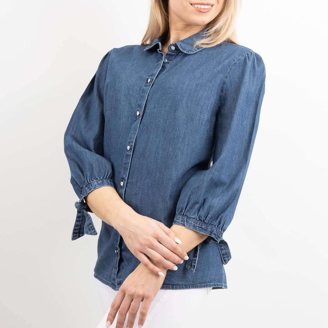 F&F 3/4 Puff Sleeves Blue Denim Button Up Shirts-Quality Brands Outlet-