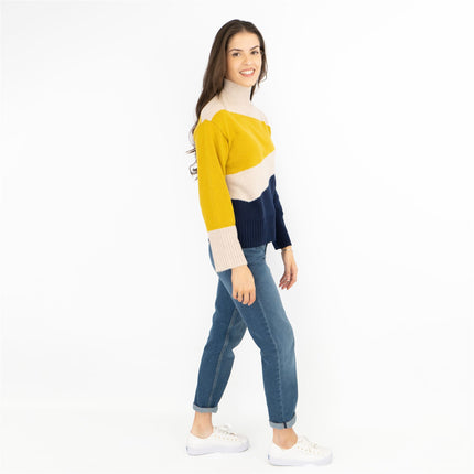M&S Colour Block Funnel Neck Wool Blend Jumper