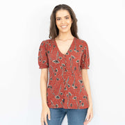 Sandra Red Pressed Flower Short Sleeve Soft Cotton Jersey Tops