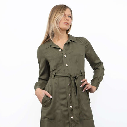 Next Women Belted Utility Khaki Black Long Sleeve Midi Shirt Dress
