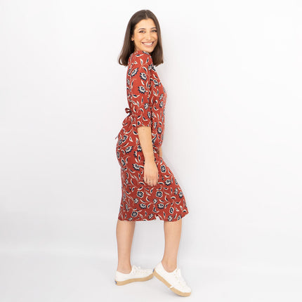 Seasalt 3/4 Sleeve Rust Red Floral Pockets Tie Waist Midi Shift Dresses-Quality Brands Outlet-