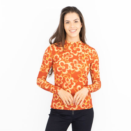Nasty Gal Long Sleeve Retro Orange Floral High Neck Stretch Jersey Tops-Quality Brands Outlet-