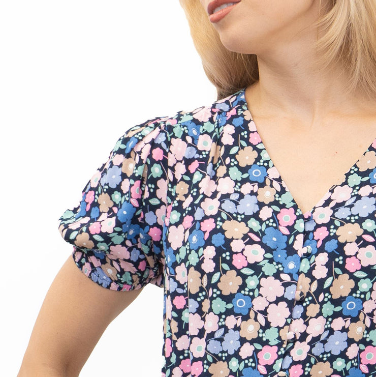 M&S Navy Blue Floral Blouse Elasticated Waist Short Sleeve V-Neckline Tops - Quality Brands Outlet