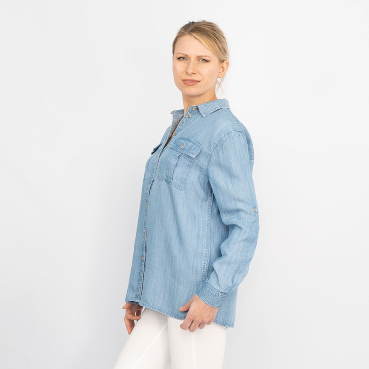 Blue Chambray Soft Linen Rich Long Sleeve Shirt Button-Up Tops