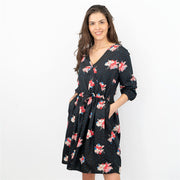 Crew Clothing Women Black Floral 3/4 Sleeve Cross Wrap with Pockets Dresses