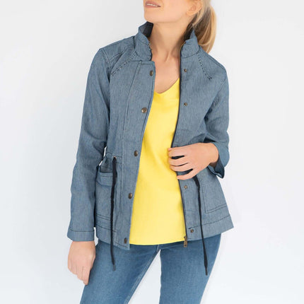 White Stuff Layla Striped Adjustable Waist Full Zip Casual Denim Jacket-Quality Brands Outlet-