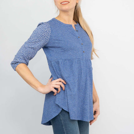 Blue 3/4 Sleeve Ditsy Floral Jersey Tops-Quality Brands Outlet-