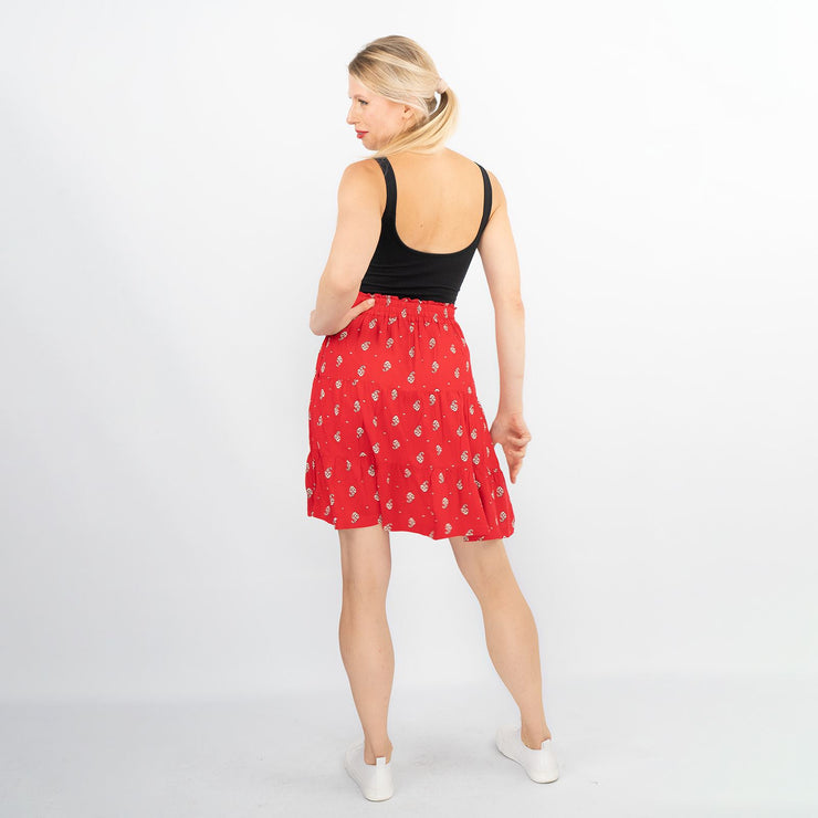 Next Red Floral Elasticated Waist Flare Casual Summer Tiered Short Skirts - Quality Brands Outlet