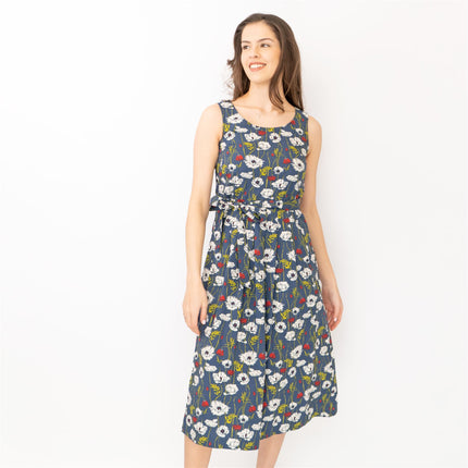 Seasalt Belle Linear Poppy Night Floral Print Sleeveless Midi Dresses-Quality Brands Outlet-