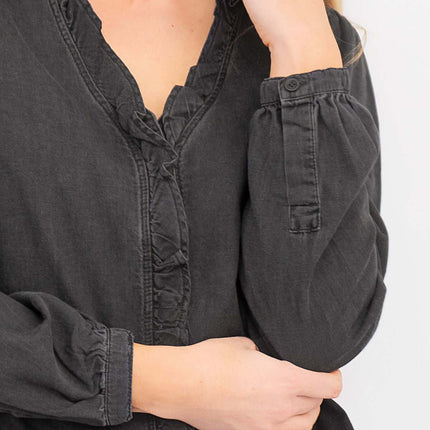 Hush Francis Long Sleeve Washed Black Denim Button Tops Blouse-Quality Brands Outlet-