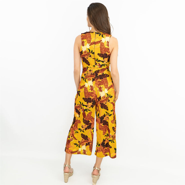 Karen Millen Yellow Batik Print Sleeveless Cross Wrap Belted Crop Wide Leg Jersey Jumpsuits - Quality Brands Outlet