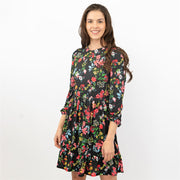 Oasis Black Floral 3/4 Sleeve Fit & Flare Swing Dress