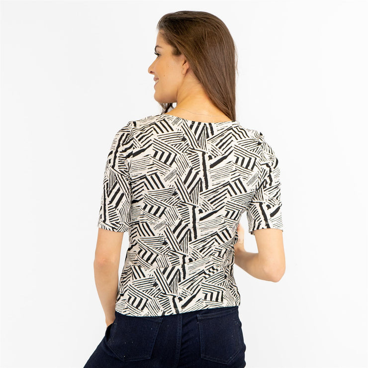 Karen Millen Black & White Geo Print V-Neckline Short Sleeve Tops - Quality Brands Outlet