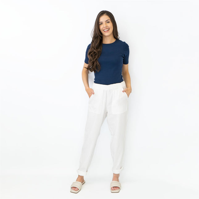 M&S Pure Cotton Tapered Ankle Grazer Elasticated Waist White Trousers-Quality Brands Outlet-