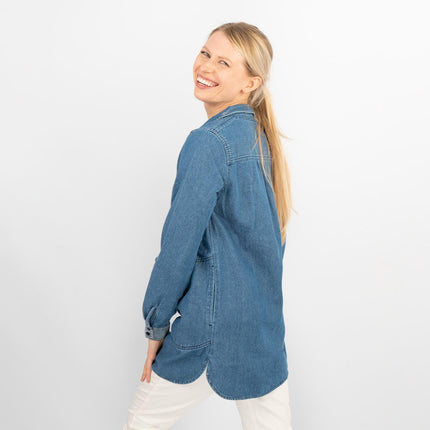 Blue Denim Long Sleeve Casual Tunic Longline Women's Shirts-Quality Brands Outlet-