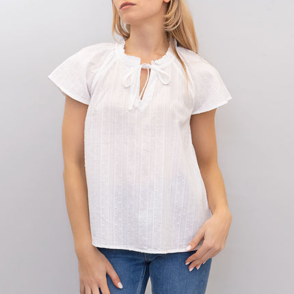 M&S Ivory Lightweight Textured Blouse Short Sleeve Tie Neck Tops