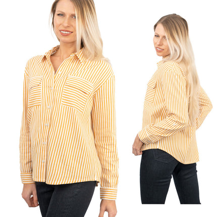 Yellow Striped Long Sleeve Button Through Women's Shirts-Quality Brands Outlet-