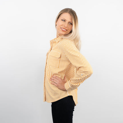Yellow Striped Long Sleeve Button Through Women's Shirts-Quality Brands Outlet-