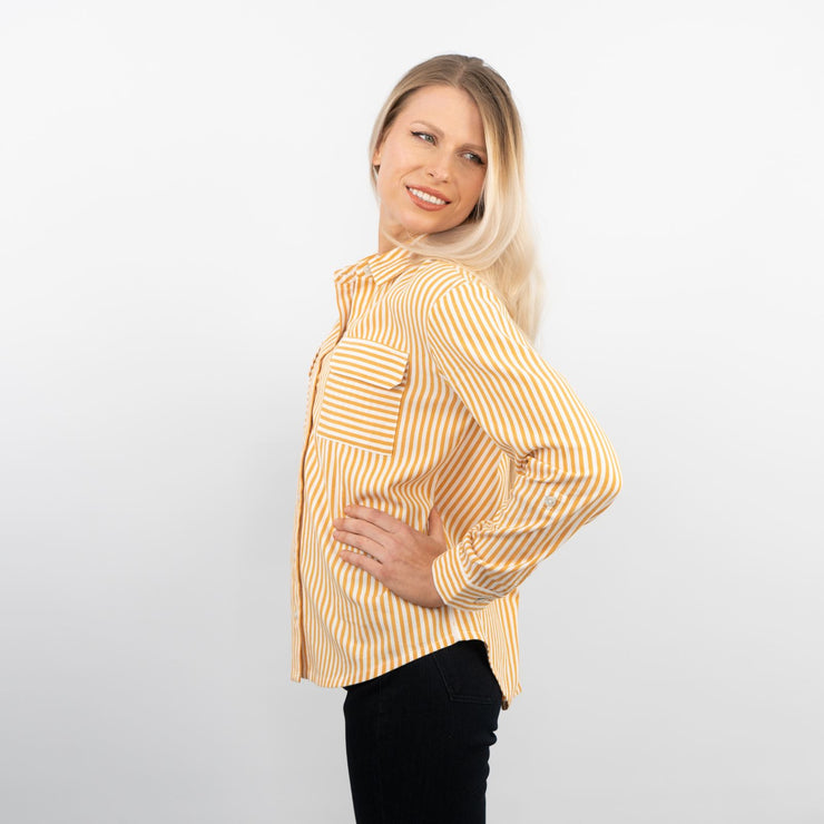 Yellow Striped Long Sleeve Button Through Women&