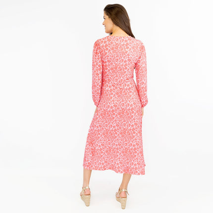 Oasis Pink Long Sleeve Floral Print Slit Summer Long Midi Dresses-Quality Brands Outlet-