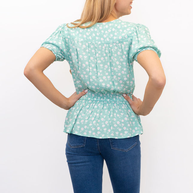 M&S Mint Green Floral Short Sleeve Elasticated Waist V-Neck Blouses Summer Tops-Quality Brands Outlet-