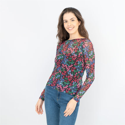 Karen Millen Black Floral Long Sleeve Boat Neck Mesh Tops-Quality Brands Outlet-