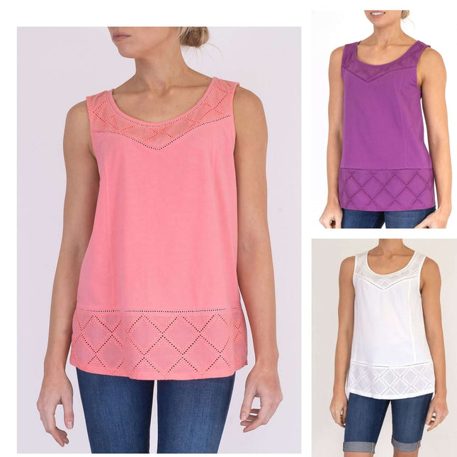 White Stuff Sleeveless Embroidered Panels Soft Cotton Jersey Casual Tops-Quality Brands Outlet-