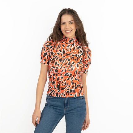 Karen Millen Orange Print Short Sleeve High Neck Tops-Quality Brands Outlet-