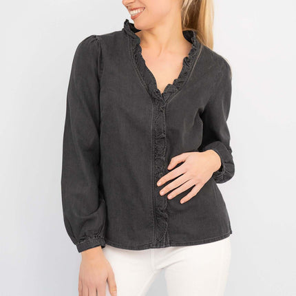 Hush Francis Long Sleeve Washed Black Denim Button Tops Blouse-Quality Brands Outlet-