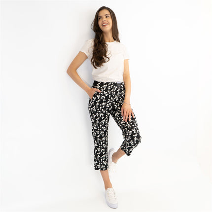 M&S Mia Black Flower Print Slim Leg Tapered Crop Chino Trousers - Quality Brands Outlet