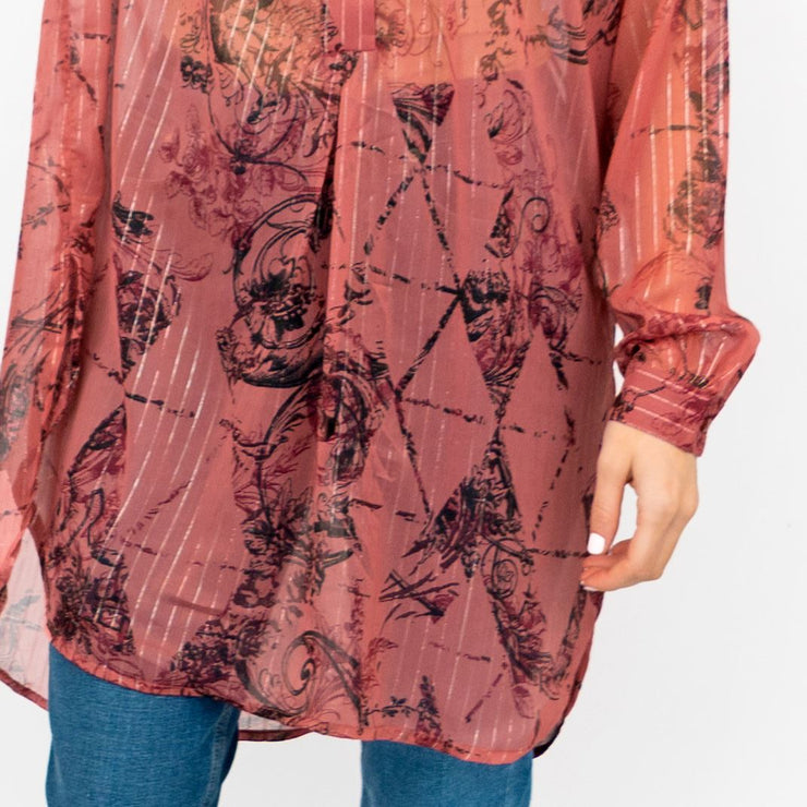 Next Red Floral with Silver Thread Long Sleeve Button-Up Lightweight Tunic Longline Tops - Quality Brands Outlet