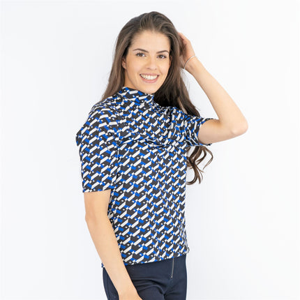 Karen Millen Blue Geometric Print High Neck Short Sleeve Tops-Quality Brands Outlet-