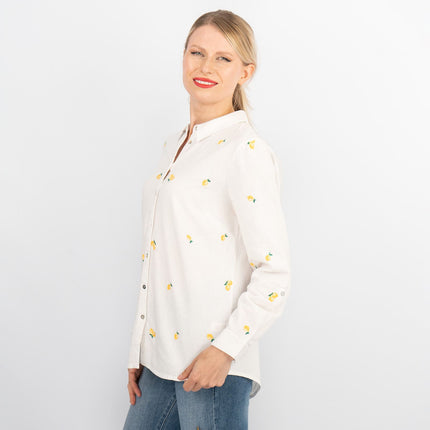 White Lemon Embroidery Linen Rich Long Sleeve Women's Shirts-Quality Brands Outlet-